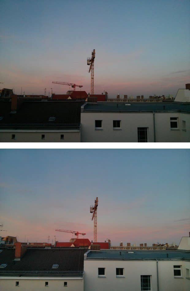 Zwei Bilder: Oben ein Dach mit Fenstern, unten ein klarer Himmel mit einem Kran im Hintergrund.