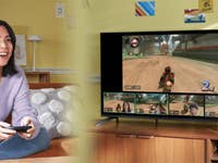 Eine Frau spielt Nintendo Switch, während ein Fernseher ein Rennspiel und vier Spieler-Video-Feeds zeigt.