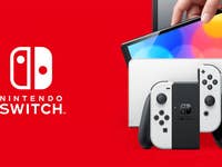 Nintendo Switch OLED vor rotem Hintergrund