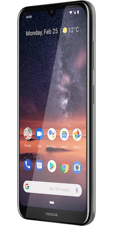 Nokia 3.2 Das Nokia 3.2 in der schrägen Ansicht in schwarz.