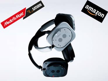 Nothing Headphone (1) in Schwarz und Weiß mit MediaMarkt- und Amazon-Logo