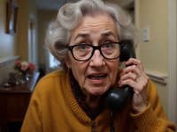 An AI-created granny talking on an old-fashioned phone