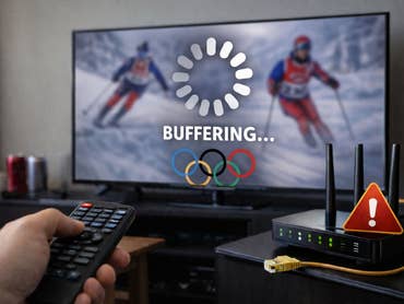 Ein TV mit Olympia-Bildern und einem Buffering-Symbol
