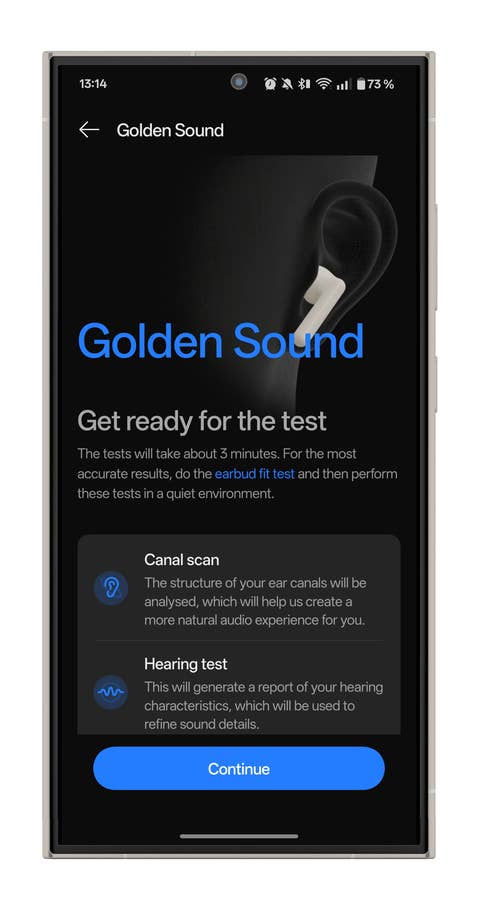 Bildschirm der OnePlus HeyMelody-Anwendung, mit Anweisungen für den Golden Sound-Test.
