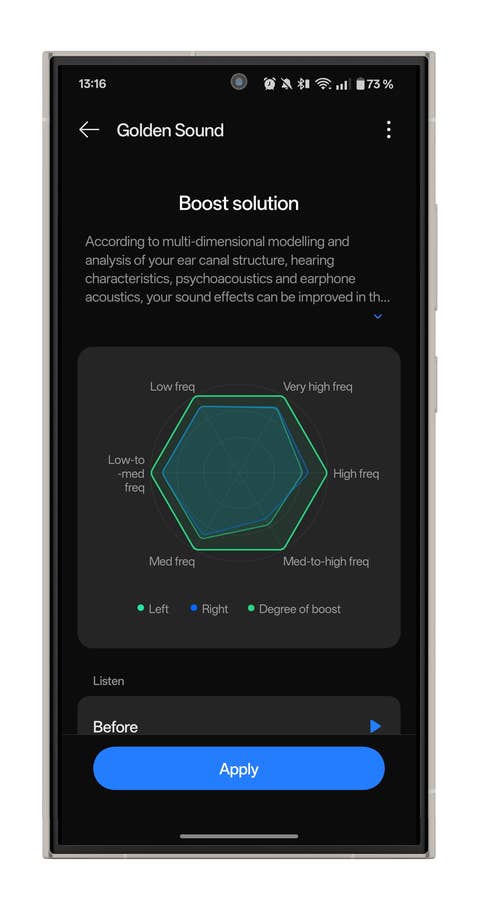 Anwendungsoberfläche für OnePlus Buds Pro 3, dmit den Golden Sound-Einstellungen.