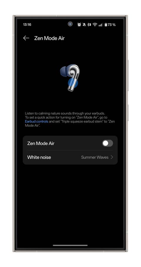 Bildschirm der OnePlus Buds Pro 3-App, der den Zen-Modus Air mit Naturgeräuschen und Weißrausch-Optionen zeigt.