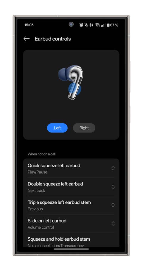 App-Oberfläche zeigt die Steuerung für OnePlus Buds Pro 3-Ohrhörer auf einem Smartphone.