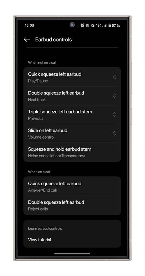 Screenshot der HeyMelody-App, die Optionen zur Steuerung der Ohrhörer zeigt.