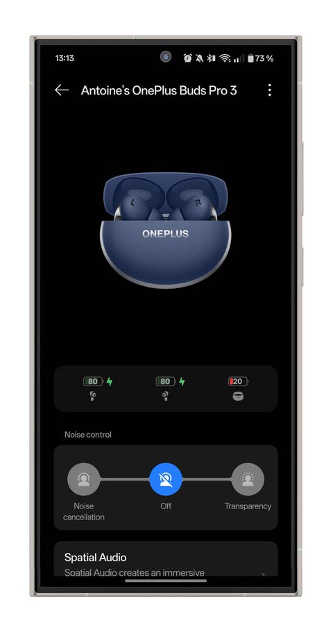 OnePlus Buds Pro 3 auf einem Smartphone-Bildschirm mit Einstellungen für Geräuschkontrolle.