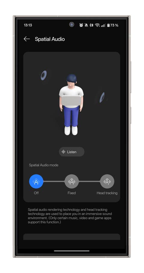 Mobilbildschirm zeigt die Spatial-Audio-Einstellungen der HeyMelody-App mit einem 3D-Avatar.