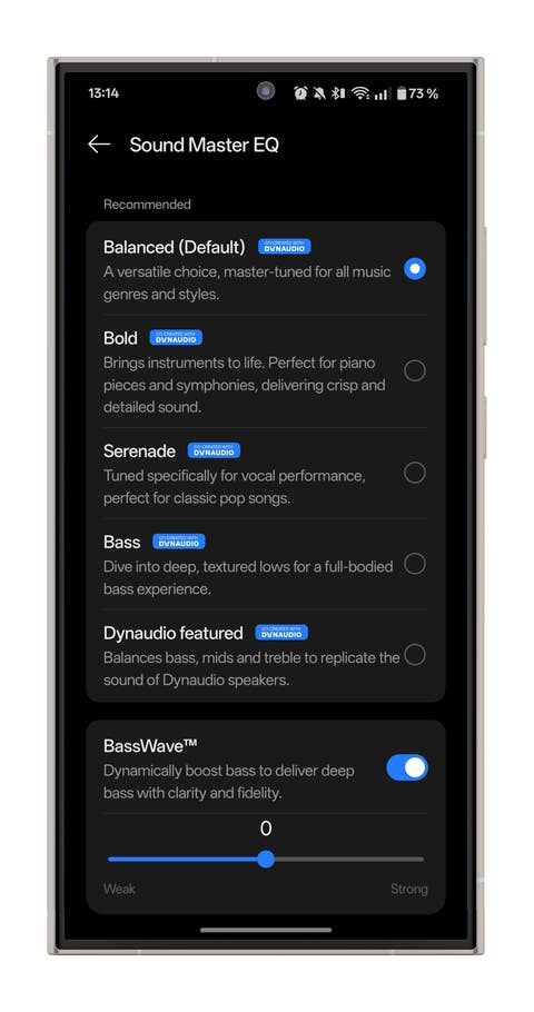 Schnittstelle der HeyMelody-Anwendung, mit Optionen von Sound Master EQ für OnePlus Buds Pro 3.