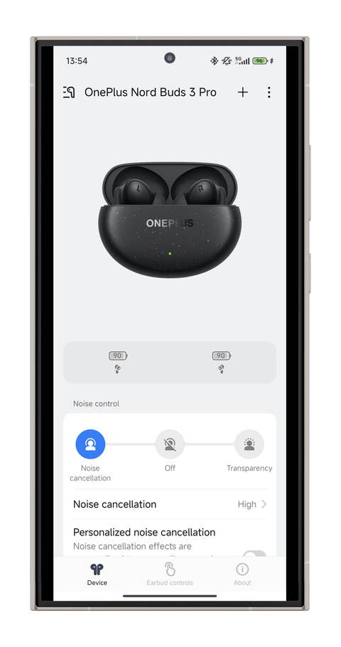 OnePlus Nord Buds 3 Pro in der Melody-Anwendung mit Optionen zur Geräuschkontrolle angezeigt.