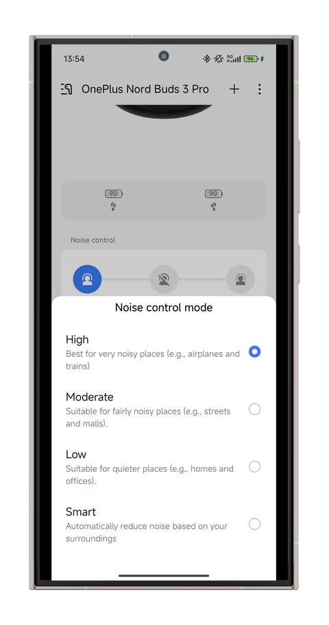 Bildschirm der OnePlus Nord Buds 3 Pro App, der die Modi der Geräuschkontrolle zeigt.