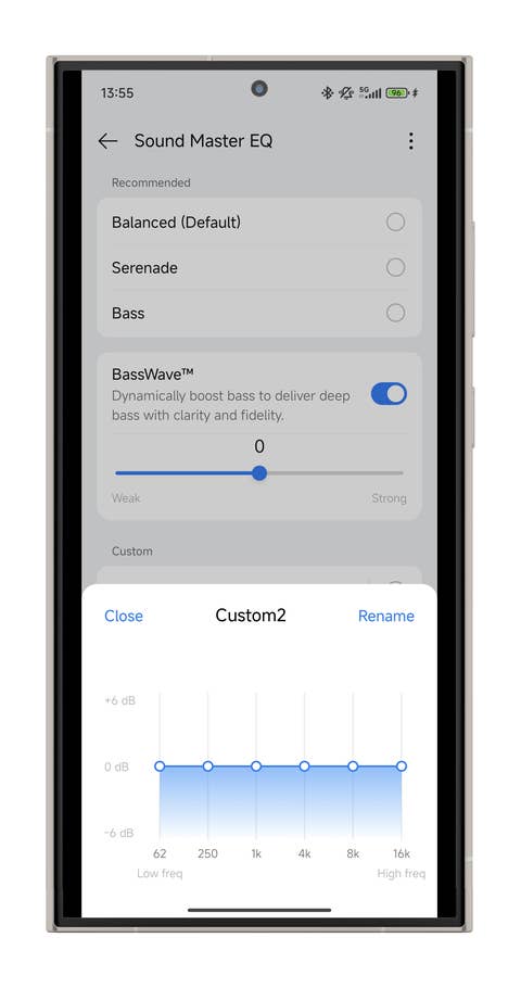 Einstellungen des Sound Master-Equalizers auf einem Smartphone.