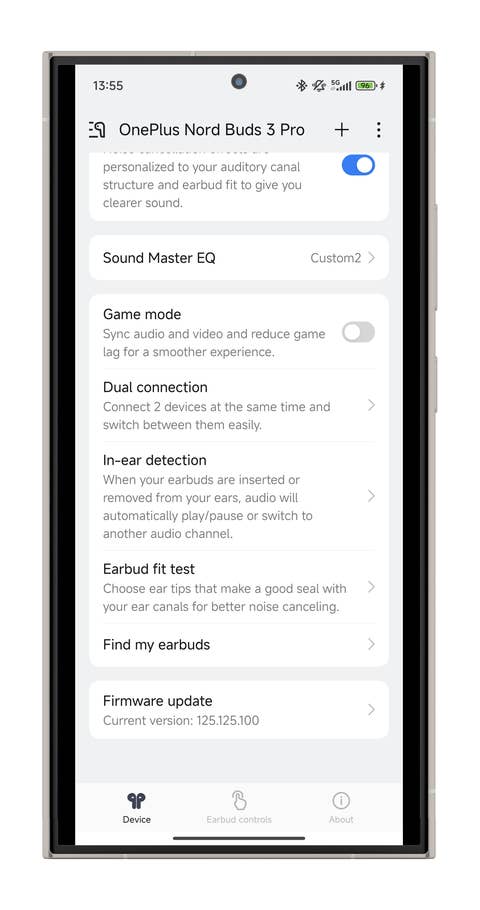Schnittstelle der OnePlus Nord Buds 3 Pro App, die Funktionen wie Sound Master EQ.