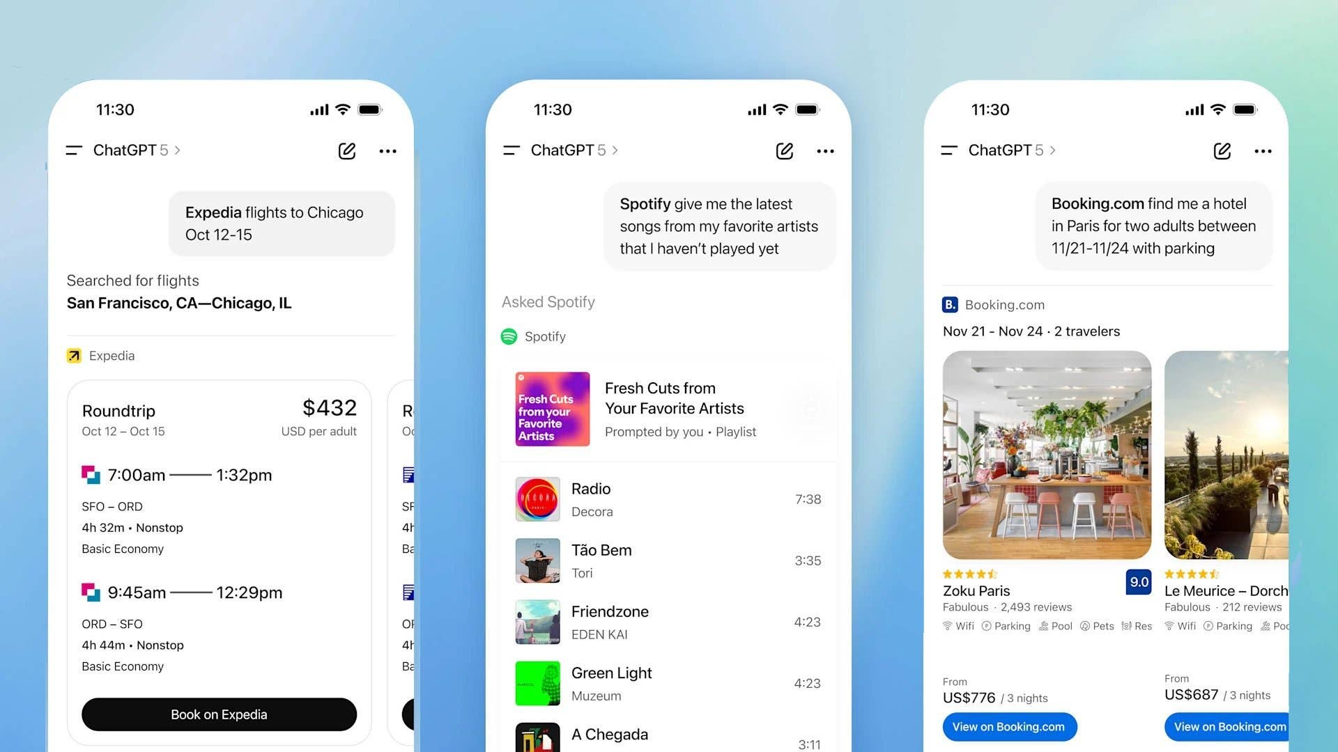 Bildschirme, die die ChatGPT 5-Oberfläche zur Buchung von Flügen und Hotelunterkünften anzeigen.