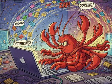 Comic-Bild eines Hummers mit 9 Armen, der am Notebook arbeitet