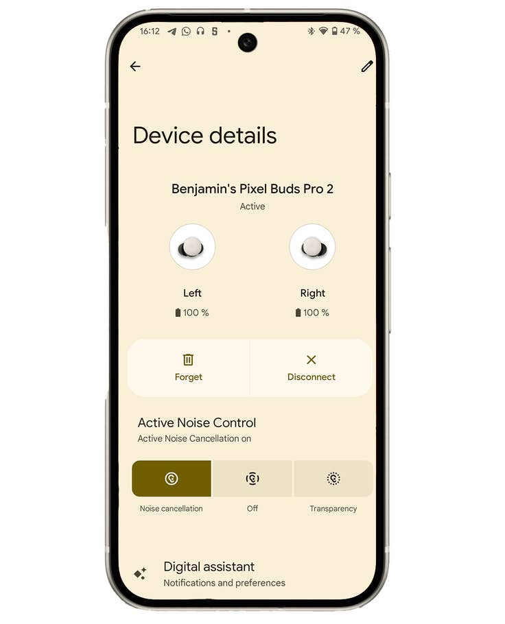 Bildschirm der Geräteeinstellungen zeigt aktive Pixel Buds Pro 2 mit Batteriestatus und Geräuschkontrolloptionen.