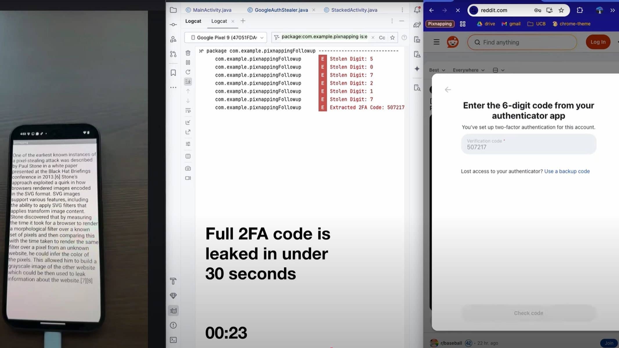 Ein Telefon zeigt einen Text über einen Pixel-Diebstahlangriff, neben Code und einer 2FA-Anfrage.