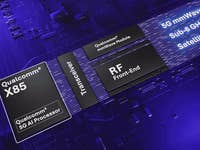 Komponenten des Qualcomm Snapdragon X85 Modems mit Beschriftungen: Transceiver, RF Front-End, 5G mmWave, Sub-6 GHz, Satellit.