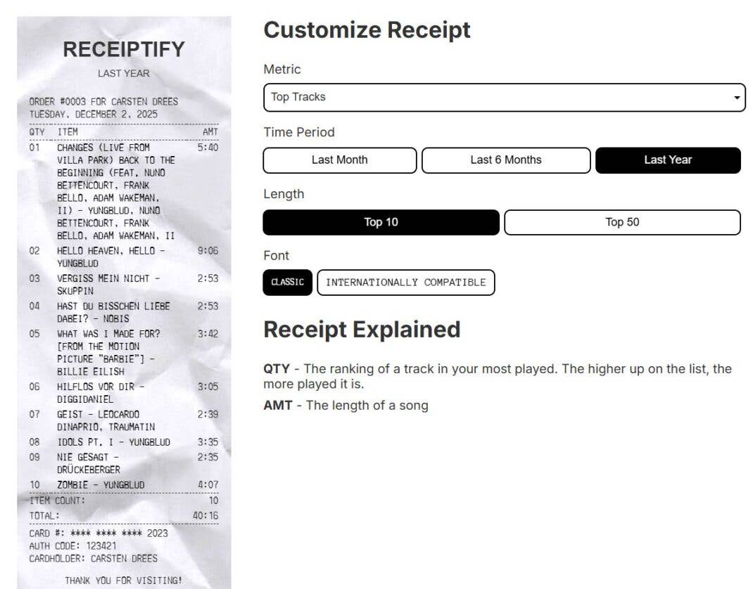 Screenshot von Receiptify.