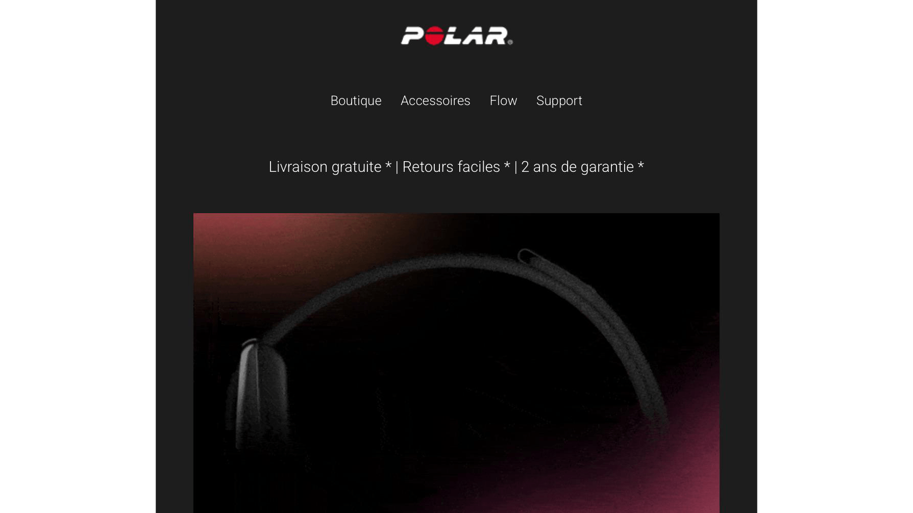 Bild des Polar Strap Teasers mit einem schwarzen Band vor einem dunklen Hintergrund und Werbetext.