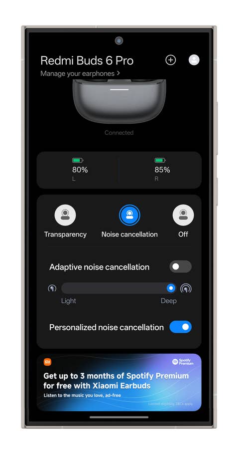 App-Oberfläche für Redmi Buds 6 Pro mit Akkuanzeigen und Geräuschunterdrückungseinstellungen.