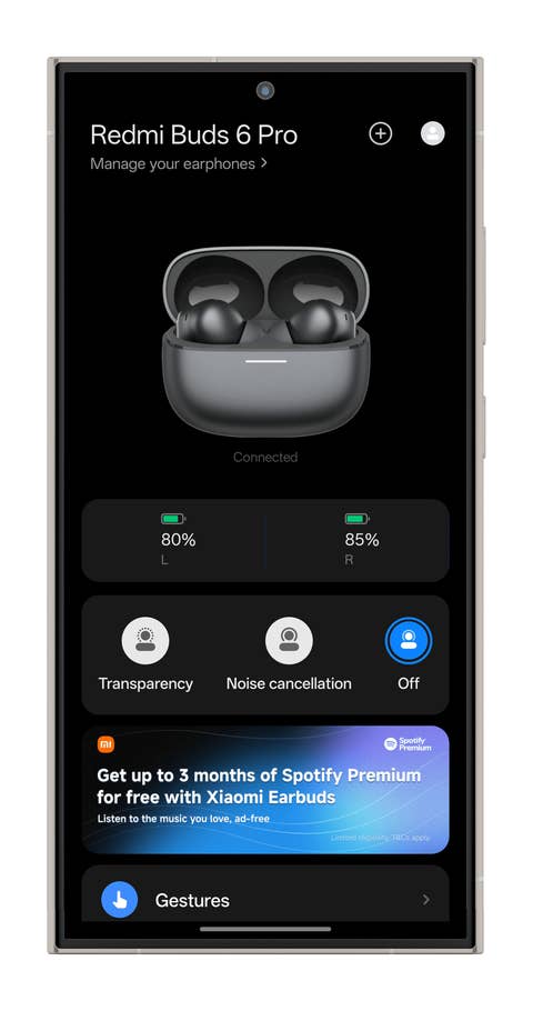 Xiaomi Redmi Buds 6 Pro App-Oberfläche zeigt Batteriestände und Einstellungen.