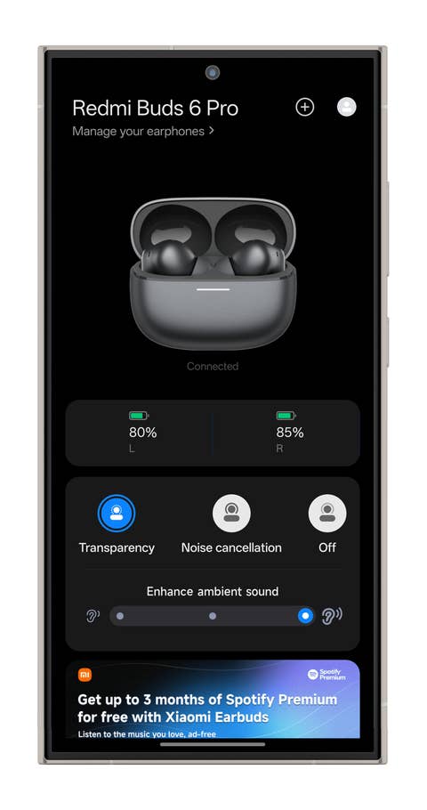 Xiaomi Redmi Buds 6 Pro-App-Oberfläche mit Batteriestatus und Toneinstellungen.