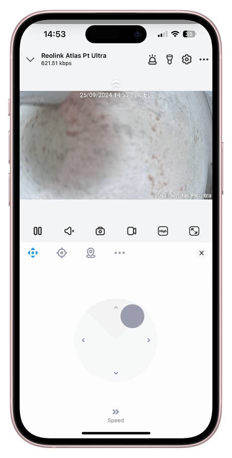 Reolink Atlas Pt Ultra-App-Oberfläche mit Live-Feed und Steuerungsoptionen.