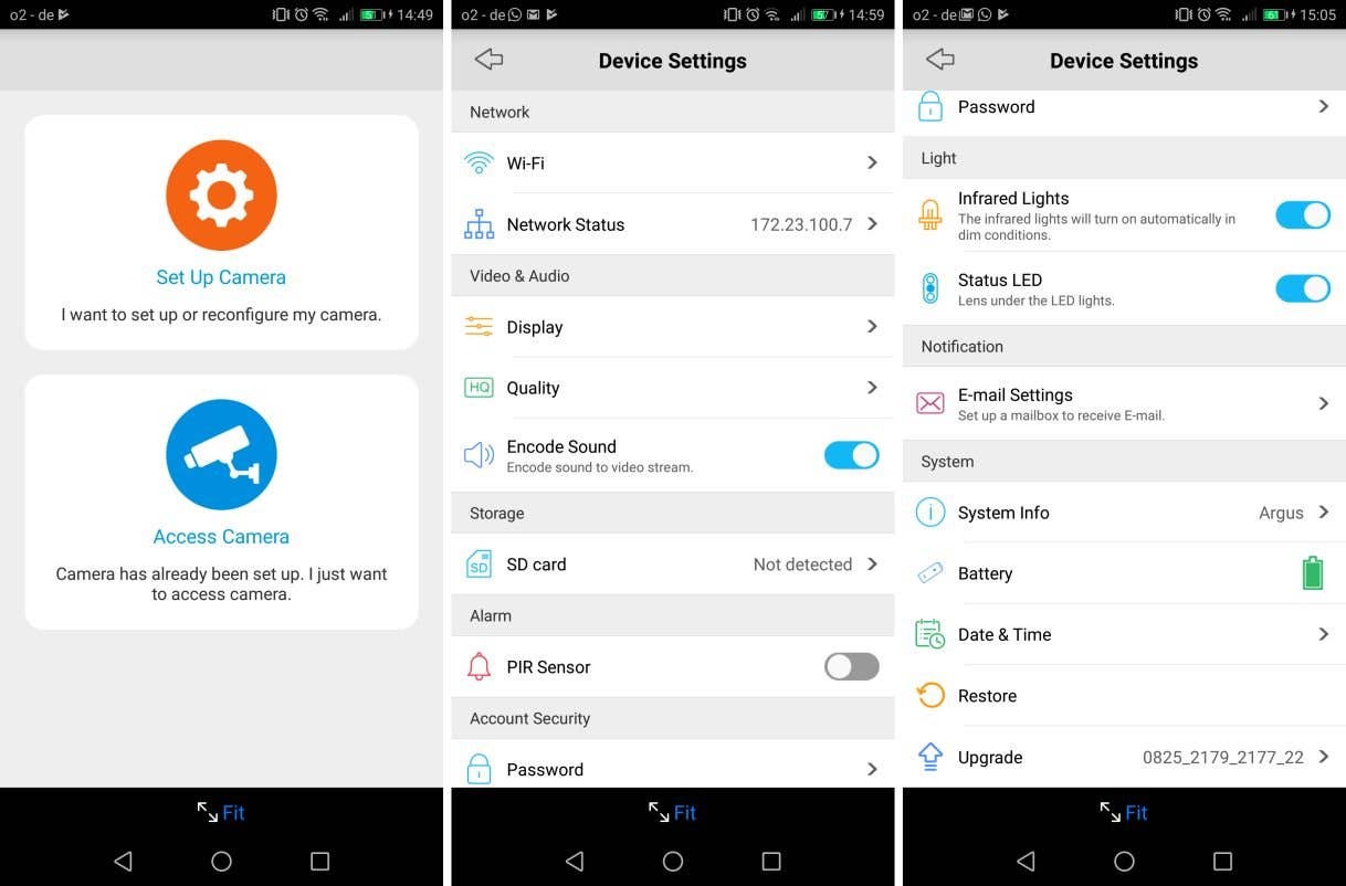 Geräteeinstellungen für die Reolink-Kamera, mit Optionen für die Einrichtung, den Netzwerkstatus und Funktionen.