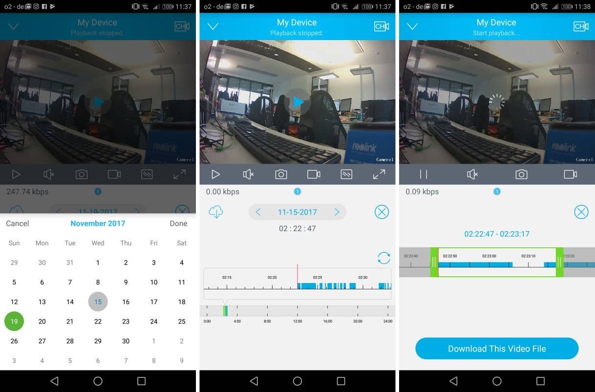 Screenshot der Reolink Argus-App, die Geräteeinstellungen und eine Kalenderansicht zeigt.