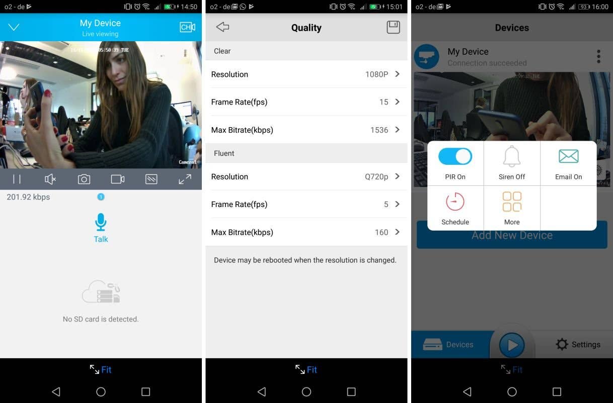 Screenshot der Reolink Argus-App mit Live-Ansicht, Einstellungen für Auflösung, Bildrate und Geräteverbindung.