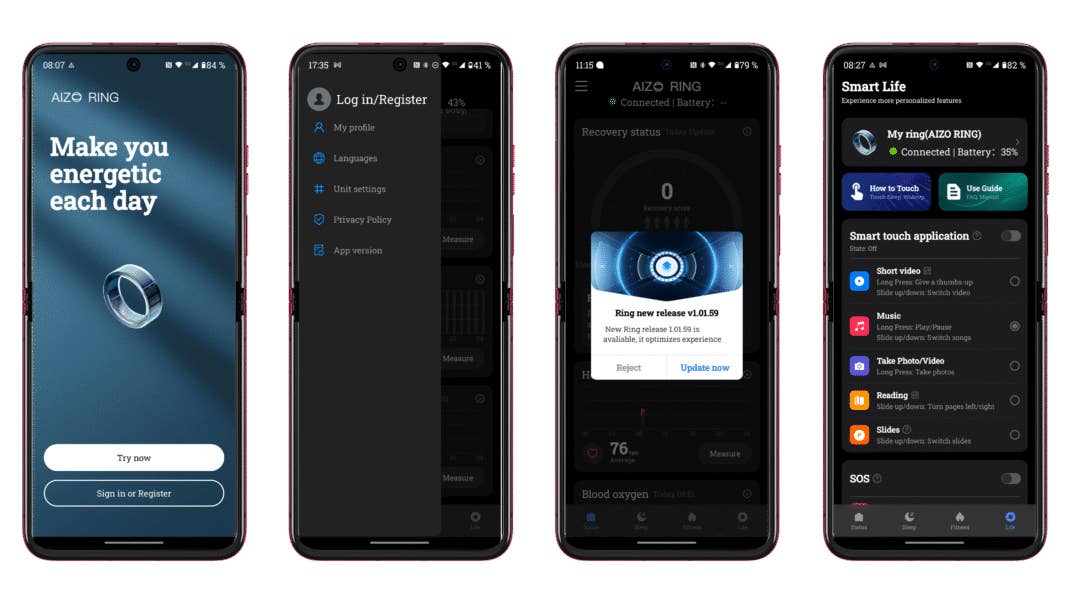 Screenshoots der Aizo-Ring-App