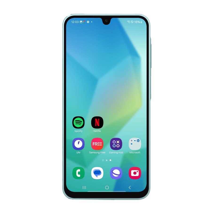 Samsung Galaxy A16 5G Smartphone mit App-Symbolen auf dem Startbildschirm.