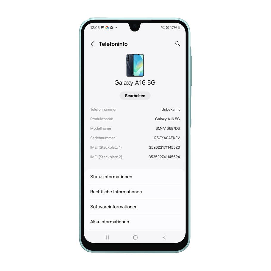 Samsung Galaxy A16 5G Telefonbildschirm mit Geräteinformationen und Details.
