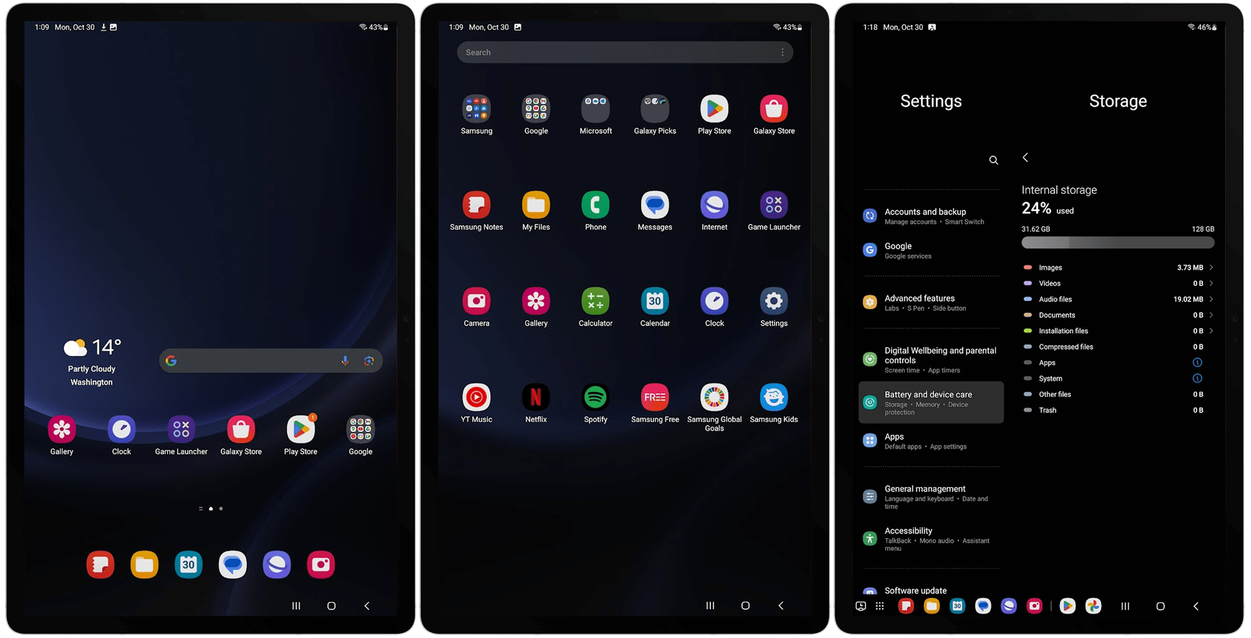 Screenshots vom Interface und den Einstellungen des Galaxy Tab S9 FE