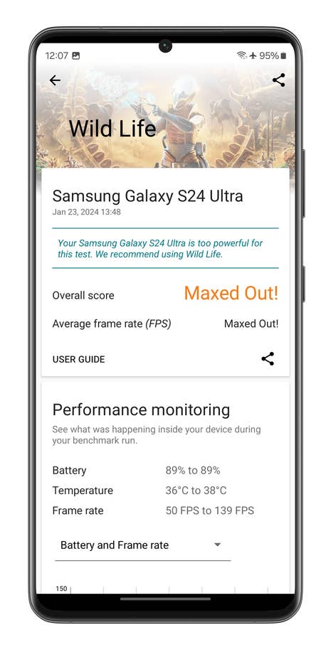 Screenshots des 3DMark Wild-Life-Benchmarks, aufgenommen mit dem Samsung Galaxy S24 Ultra