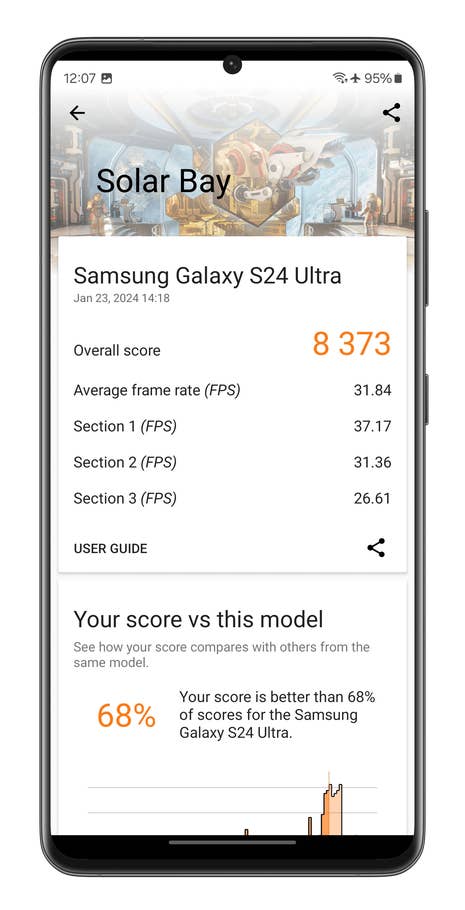 Screenshots des 3DMark-Solar-Bay-Benchmarks, aufgenommen mit dem Samsung Galaxy S24 Ultra