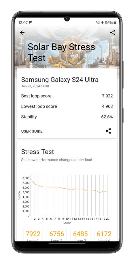 Screenshots des '3DMark Solar Bay Stress Test'-Benchmarks auf dem Samsung Galaxy S24 Ultra
