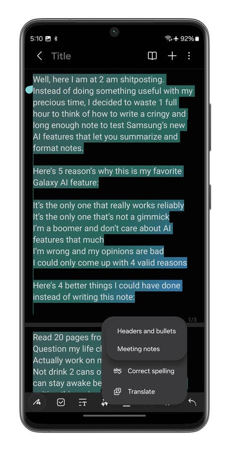 Screenshots der Samsung-Notizen-App auf dem Galaxy S24 Ultra