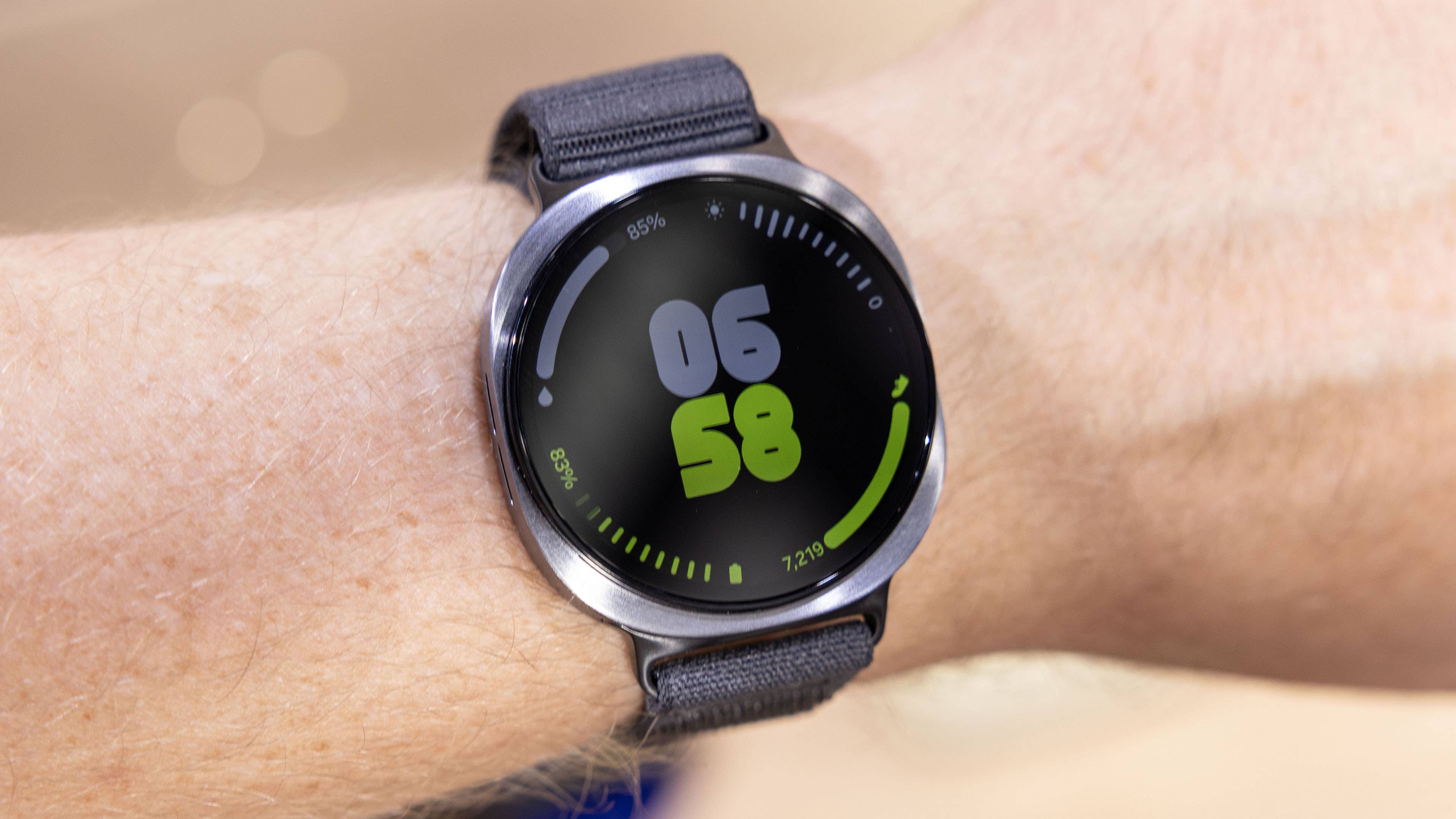 A close-up of a Samsung Galaxy Watch 8 Classic displaying the time 06:58 and a battery level of 85%.