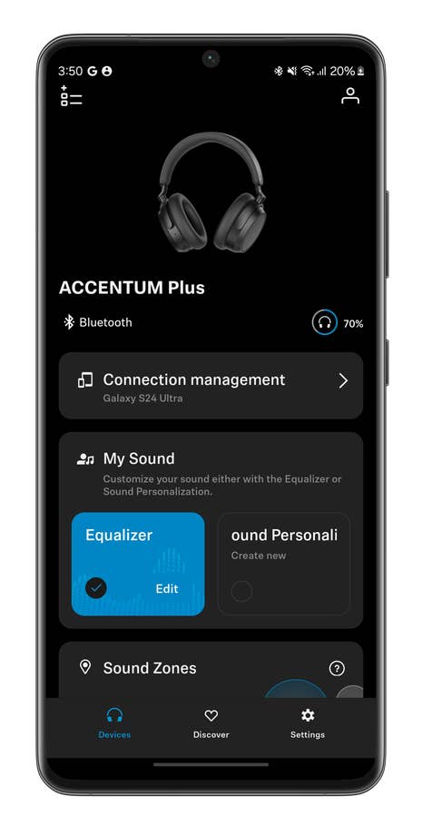 Bildschirmfoto der Smart Control App für das Sennheiser Accentum Plus Wireless Headset