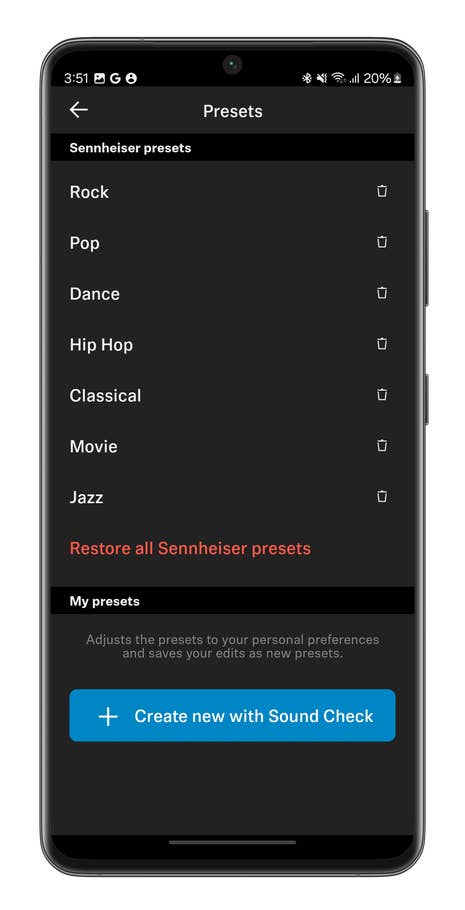 Bildschirmfoto der Smart Control App für das Sennheiser Accentum Plus Wireless Headset