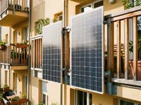 Zwei Solarmodule hängen an einem sonnigen Balkon