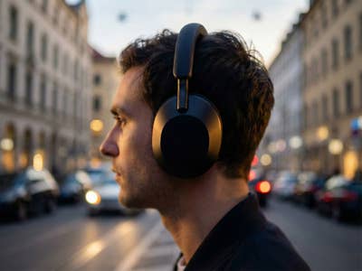 Eine Person trägt Over-Ear-Kopfhörer und überquert eine Straße in der Nahaufnahme.