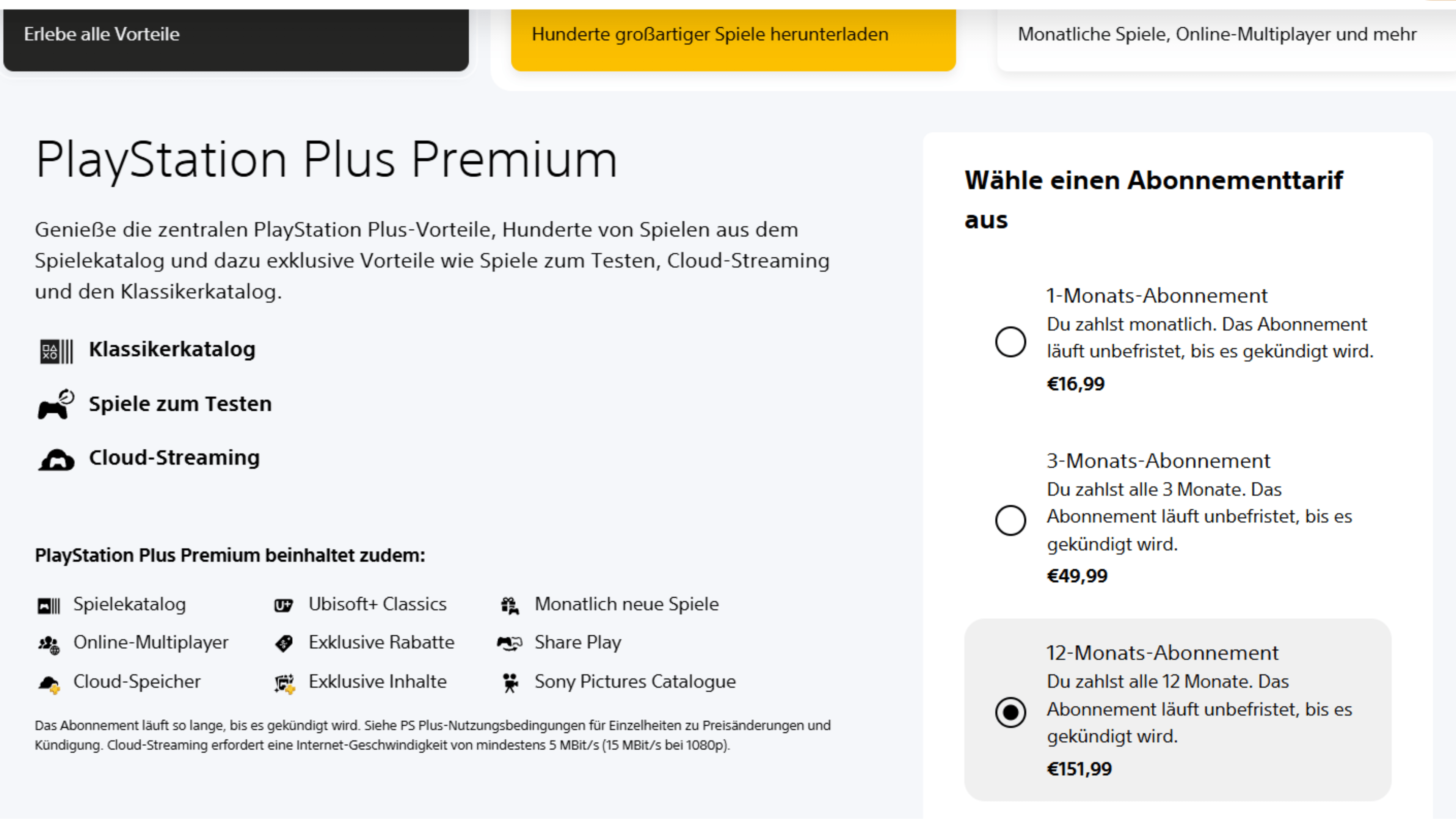 PlayStation Plus Premium-Abonnementoptionen mit Details zu Vorteilen und Preisen.