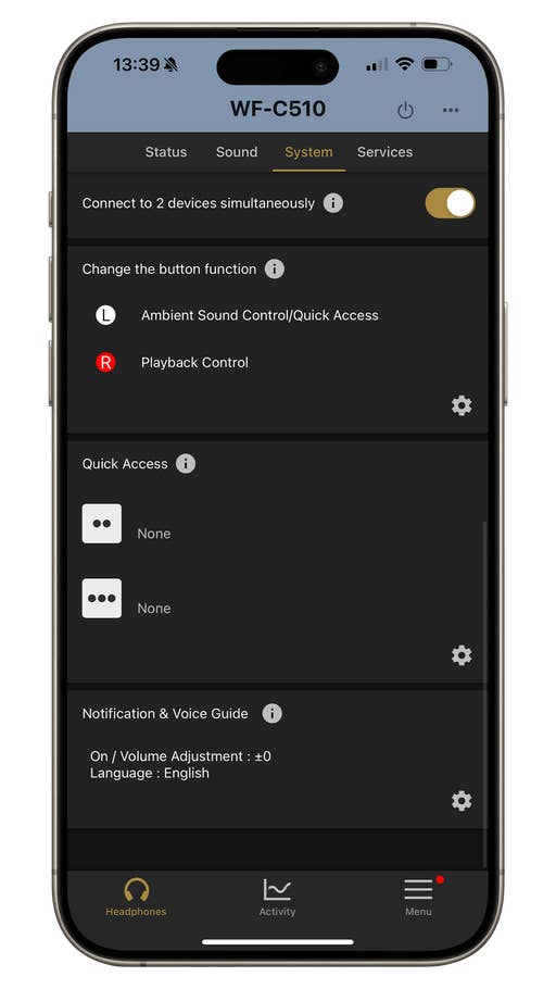 Screen mit den Einstellungen für Sony WF-C510 und der Tastenfunktionsbelegung.