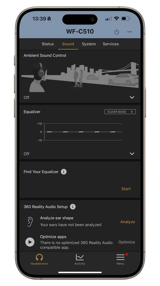 Die Benutzeroberfläche der Sony-App zeigt die Audioeinstellungen einschließlich Equalizer.