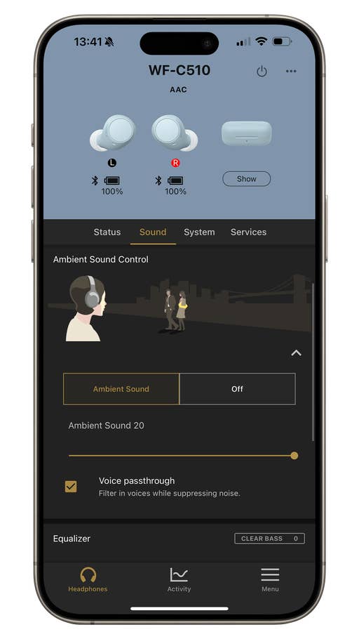 Die Benutzeroberfläche der Sony-App zeigt die Audioeinstellungen einschließlich Equalizer.